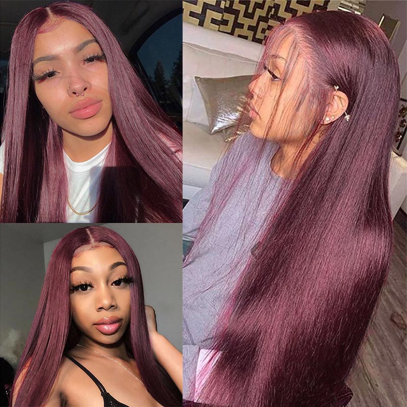 Long Straight Burgundy Lace Front Human Hair Wigs| 99J Human Hair Wig
