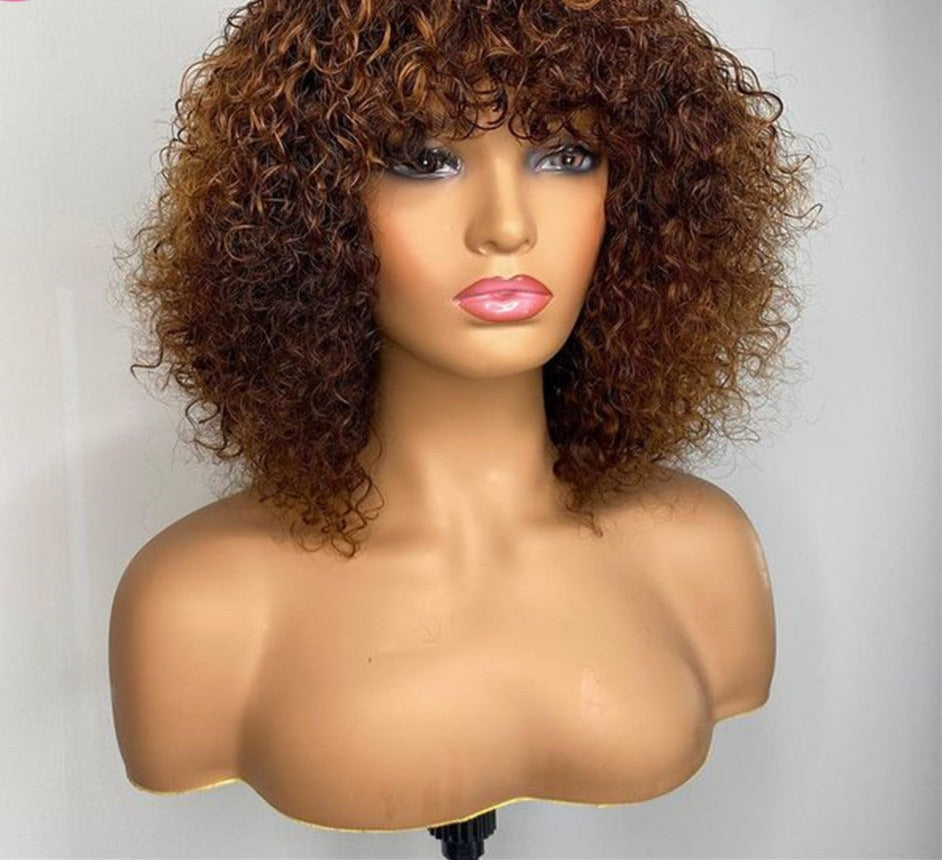 Honey Blonde Jerry Curly Human Hair Wigs with Bangs
