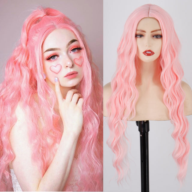 Long Wave Colored Middle Part Hairstyle Wigs|Red Hair|Blue Hair|Pink Hair